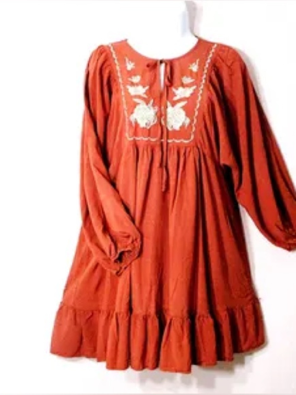 Rusttydustty burnt orange peasant dress w embroidery balloon sleeves plus sz 2XL